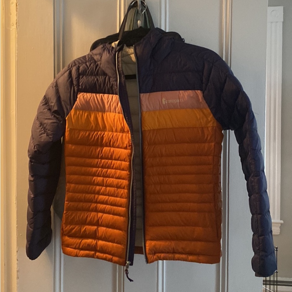 cotopaxi Orange and Navy Quilted Hooded Jacket
